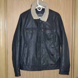 Levi Black Faux Leather Sherpa Trucker Jacket